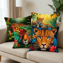 Kit 4 Capas de Almofada Onça Pintada 45x45cm Estampadas Decorativas Animal Print Microfibra Sala Sofá