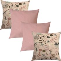 Kit 4 Capas de Almofada Pássaros Rosa e Rosê Liso 45x45cm Kit 4 Capas de Almofada Pássaros Rosa e Rosê Liso 45x45cm
