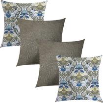 Kit 4 Capas de Almofadas Composê Arabesco Azul e Textura Cinza 45cmx45cm