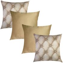 Kit 4 Capas de Almofadas Composê Capitonê Bege e Dourado Liso 45cmx45cm