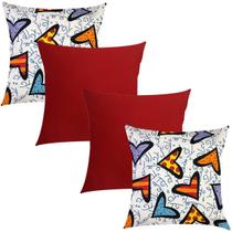 Kit 4 Capas de Almofadas Composê Coração e Vermelho Liso 45cmx45cm