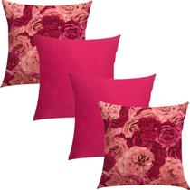 Kit 4 Capas de Almofadas Composê Floral e Cetim Pink 45x45cm