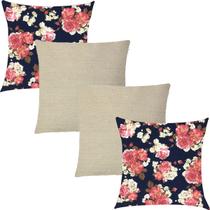 Kit 4 Capas de Almofadas Composê Floral Imperial Azul Marinho e Linho 45x45cm