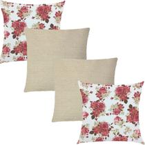 Kit 4 Capas de Almofadas Composê Floral Rosa Imperial e Linho 45x45cm