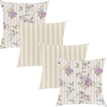 Kit 4 Capas de Almofadas Composê Floral Roxo e Listrado 45x45cm