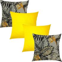 Kit 4 Capas de Almofadas Composê Folhagem Amarelo e Cetim Amarelo 45x45cm