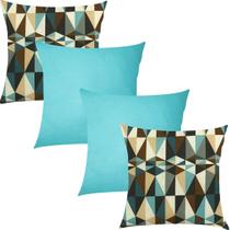 Kit 4 Capas de Almofadas Composê Geométrico Azul com Marrom e Tiffany 45x45cm