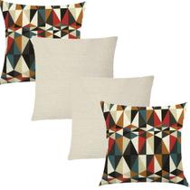 Kit 4 Capas de Almofadas Composê Geométrico Vermelho com Cinza e Linho 45x45cm