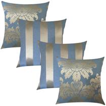 Kit 4 Capas de Almofadas Composê Medalhão e Listrado Azul e Dourado 45cmx45cm