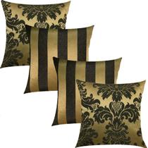 Kit 4 Capas de Almofadas Composê Medalhão e Listrado Dourado e Preto 45cmx45cm