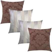 Kit 4 Capas de Almofadas Composê Medalhão e Listrado Marrom e Off White 45cmx45cm