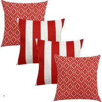 Kit 4 Capas de Almofadas Composê Vermelho Geométrico e Vermelho e Branco Listrado 45cmx45cm