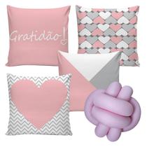 Kit 4 Capas de Almofadas Decorativa Gratidão Coração Rosa 45x45 e 1 Almofada Nózinho Escandinavo