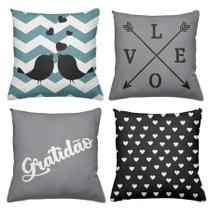 Kit 4 Capas De Almofadas Decorativas 45x45cm Estampa Gratidão Cinza