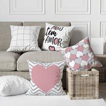 Kit 4 Capas De Almofadas Decorativas Cinza e Rosa Coração