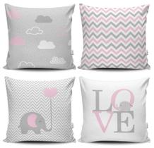 Kit 4 Capas de Almofadas Decorativas Estampadas - Bebê Rosa - VKAZA