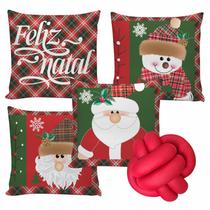 Kit 4 Capas de Almofadas Decorativas Feliz Natal 45x45cm Mais Almofada de Nó Grande