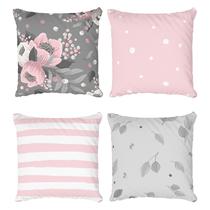 Kit 4 Capas de Almofadas Decorativas Floral Cinza e Rosa