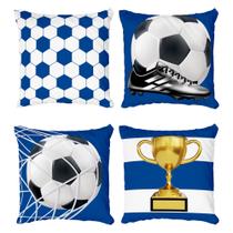 Kit 4 Capas De Almofadas Decorativas Futebol Bola e Rede Azul Seu Time do Coração