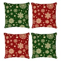 Kit 4 Capas de Almofadas Decorativas Natalina Flocos de Neve Verde e Vermelho