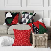 Kit 4 Capas De Almofadas Decorativas Triângulos Geométricos Verde e Vermelho
