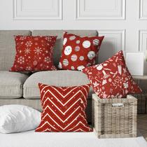 Kit 4 Capas De Almofadas Decorativas Vermelho Natal Flocos, Bolas e Chevron Kit 4 Capas De Almofadas Decorativas Vermelho Natal Flocos, Bolas e Chevron