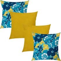 Kit 4 Capas de Almofadas Floral Azul e Amarelo e Amarelo Liso 45x45cm