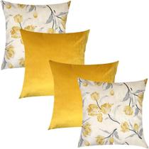 Kit 4 Capas de Almofadas Floral e Liso Amarelo Sued Premium 45x45cm Kit 4 Capas de Almofadas Floral e Liso Amarelo Sued Premium 45x45cm