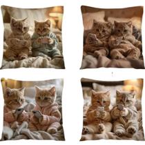 Kit 4 Capas de Almofadas Gatinhos 3D Filhotes Fofinhos 45cm x 45cm Lancamento