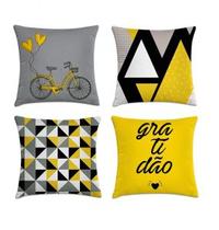 kit 4 capas de almofadas geométrica cinza com amarelo