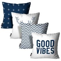 Kit 4 Capas de Almofadas Good Vibes Branco e Azul 45x45