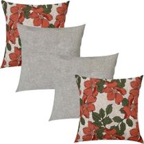 Kit 4 Capas de Almofadas Hibisco Coral e Bege Liso 45x45cm