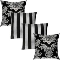 Kit 4 Capas de Almofadas Luxo Composê Medalhão e Listrado Preto e Prata 45x45cm