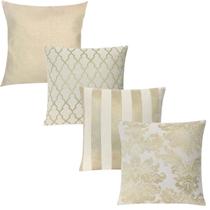 Kit 4 Capas de Almofadas Luxo Composê Medalhão, Listrado, Geométrico e Liso Branco e Dourado 45x45cm