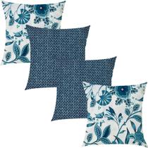 Kit 4 Capas de Almofadas Paradise Floral e Geométrico Azul 45x45cm