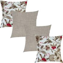 Kit 4 Capas de Almofadas Paradise Floral Vermelho e Textura Bege 45x45cm