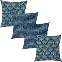 Kit 4 Capas de Almofadas Pavão e Geométrico Azul 45x45cm