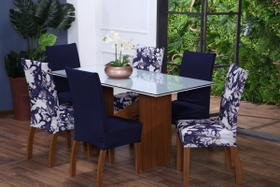 Kit 4 Capas de Cadeira de Jantar Estofada Malha Gel que Estica com Elástico Mista 6 Floral Azul Marinho