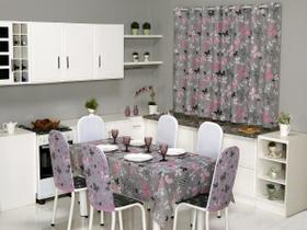 Kit 4 Capas de Cadeira + Toalha de Mesa + Cortina Sala de Jantar Cozinha dos Sonhos Completa Borboleta Cinza e Rosa