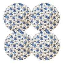 Kit 4 Capas de Sousplat Redondo Bege Azul Floral - 35x35 cm
