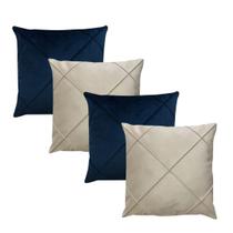 Kit 4 Capas para Almofada em Veludo Drapeada Quadrada Bege e Azul Marinho