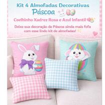 Kit 4 Capas Para Almofadas Páscoa Decorativas Coelhinho Xadrez Rosa e Azul