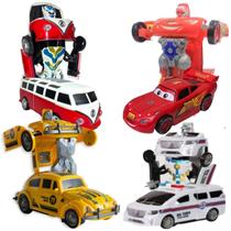 Kit 4 Carros Transformers Brinquedo Vira Robô Com Som E Luz