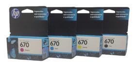 Kit 4 Cartuchos Originais 670 -Preto, Ciano, Magenta e Amarelo (CZ113AB- CZ114AB- CZ115AB- CZ116AB)