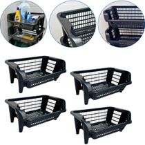 Kit 4 Cesto Plástico Expositor Empilhável Preto 16 Litros