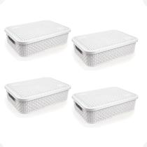 Kit 4 Cesto Rattan Baixo Com Tampa Médio 4,5 Litros Branco
