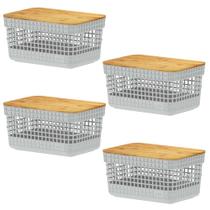 Kit 4 Cestos 2,5L Organizador Ou Branco Com Tampa De Bambu