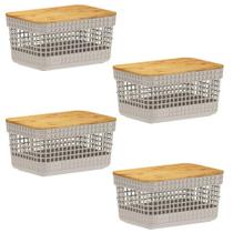 Kit 4 Cestos 2,5L Organizador OU Grid com Tampa de Bambu