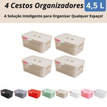 Kit 4 Cestos Organizadores c/Tampa Rattan 4,5 litros Multiuso Ideal para armário e gavetas LP HOUSE