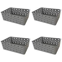 Kit 4 Cestos Organizadores Cinza Multiuso Médio Empilhável Gaveta Armário Lavanderia 19x14x6,5